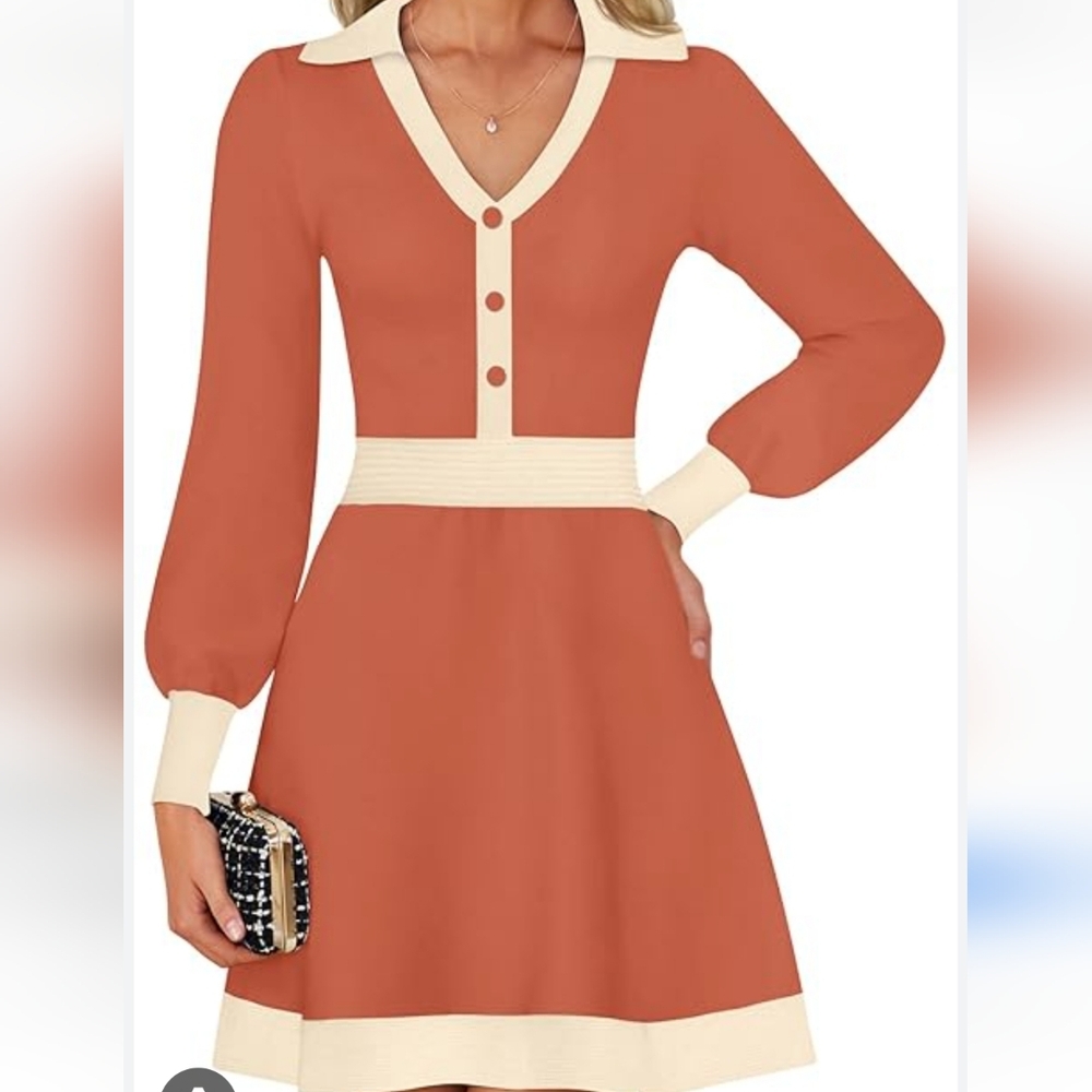 Peach and Cream A-Line Bishop Sleeve Sweater Dress